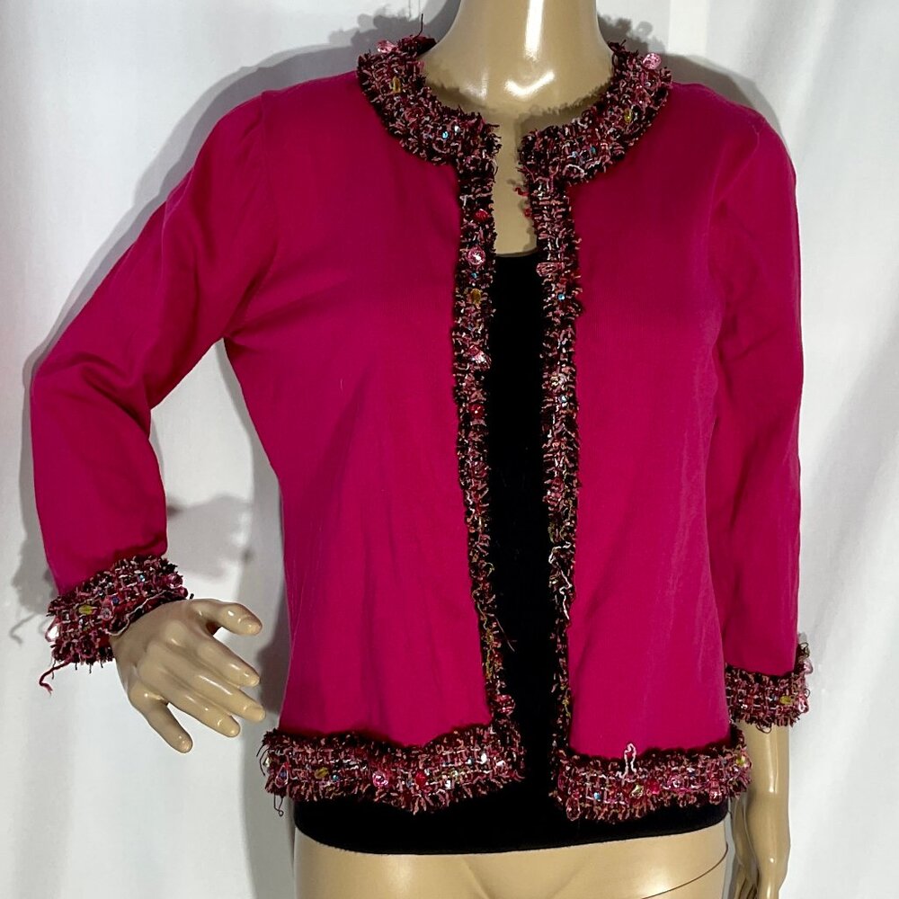 Vintage Pink Cardigan Sz L Susan Bristol Trim With Beads Womens Sweater